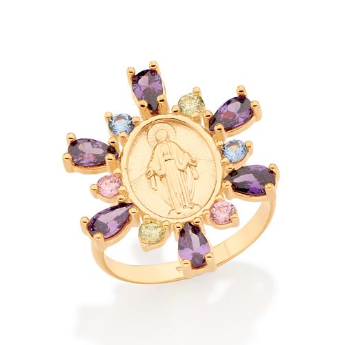 ANEL NOSSA SENHORA DAS GRAÇAS BANHADO A OURO 18K COM ZIRCÔNIAS