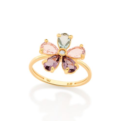 ANEL FLOR BANHADO A OURO 18K COM ZIRCÔNIA E CRISTAIS