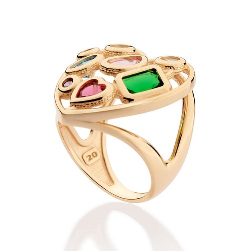 MAXI ANEL CORAÇÃO DE RETALHOS BANHADO A OURO 18K COM ZIRCÔNIAS E CRISTAIS