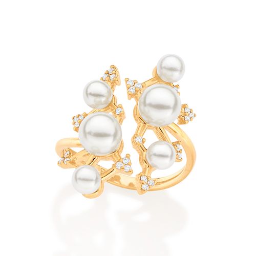ANEL BANHADO A OURO 18K COM ZIRCÔNIAS E PÉROLAS