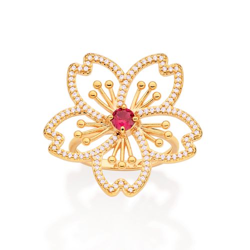 ANEL BOTÃO FLOR BANHADO A OURO 18K COM CRISTAL E ZIRCÔNIAS