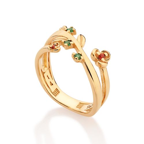 ANEL ARO DUPLO FLORES BANHADO A OURO 18K COM ZIRCÔNIAS