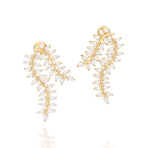 BRINCO EAR JACKET FOLHAS BANHADO A OURO 18K COM ZIRCÔNIAS