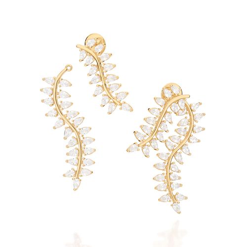 BRINCO EAR JACKET FOLHAS BANHADO A OURO 18K COM ZIRCÔNIAS