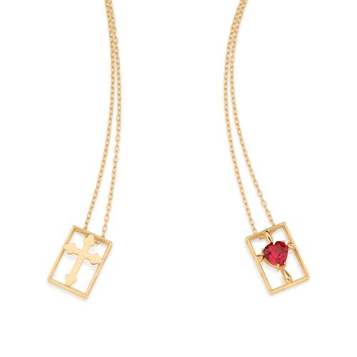 ESCAPULÁRIO CORAÇÃO E CRUZ BANHADO A OURO 18K COM ZIRCÔNIA