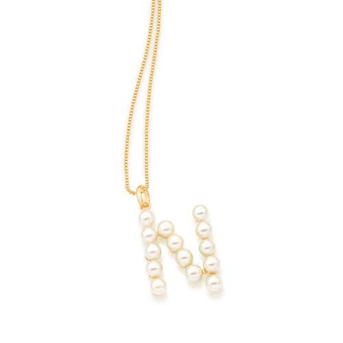 PINGENTE LETRA BANHADO A OURO 18K COM PÉROLAS-LETRA N
