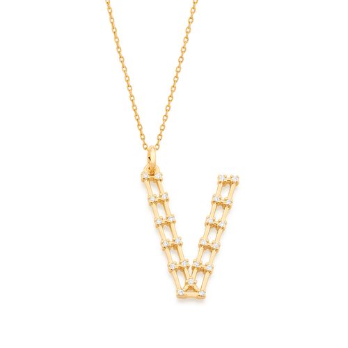 PINGENTE LETRA BANHADO A OURO 18K COM ZIRCÔNIAS-LETRA V