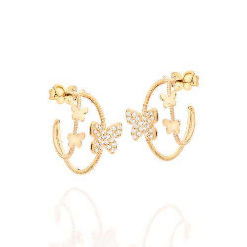 BRINCO MEIA ARGOLA BORBOLETA BANHADO A OURO 18K COM ZIRCÔNIAS