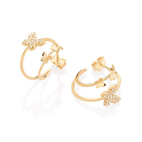 BRINCO MEIA ARGOLA BORBOLETA BANHADO A OURO 18K COM ZIRCÔNIAS