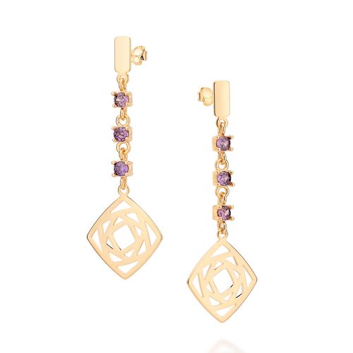 BRINCO PÊNDULO REINO MÁGICO DE ROSAS BANHADO A OURO 18K COM ZIRCÔNIAS