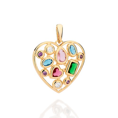 MAXI PINGENTE CORAÇÃO DE RETALHOS BANHADO A OURO 18K COM ZIRCÔNIAS E CRISTAIS