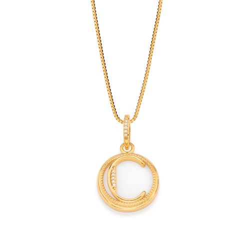 PINGENTE LETRA BANHADO A OURO 18K COM MADRE PÉROLA E ZIRCÔNIAS-LETRA C