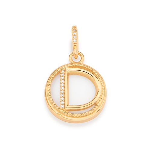 PINGENTE LETRA BANHADO A OURO 18K COM MADRE PÉROLA E ZIRCÔNIAS-LETRA D