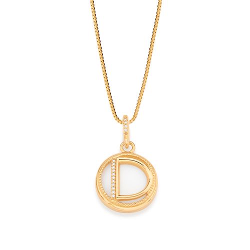 PINGENTE LETRA BANHADO A OURO 18K COM MADRE PÉROLA E ZIRCÔNIAS-LETRA D