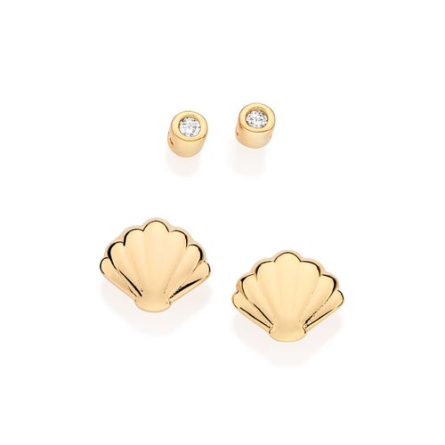 KIT BRINCO SOLITÁRIO E CONCHA BANHADO A OURO 18K COM ZIRCÔNIAS