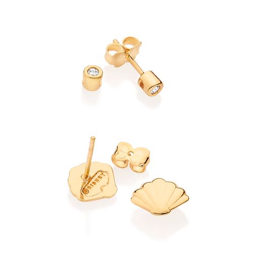 KIT BRINCO SOLITÁRIO E CONCHA BANHADO A OURO 18K COM ZIRCÔNIAS