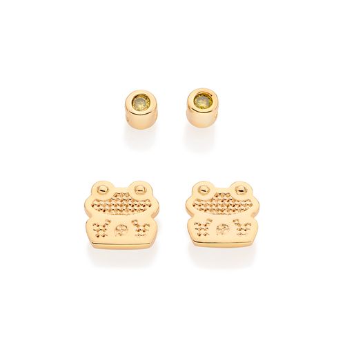 KIT BRINCO SOLITÁRIO E SAPO BANHADO A OURO 18K COM ZIRCÔNIAS