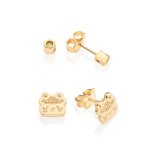 KIT BRINCO SOLITÁRIO E SAPO BANHADO A OURO 18K COM ZIRCÔNIAS