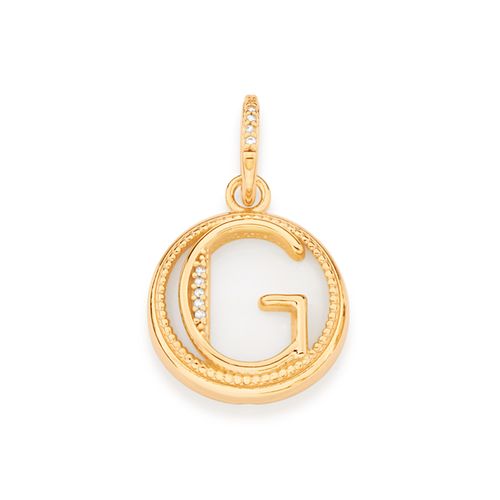 PINGENTE LETRA BANHADO A OURO 18K COM MADRE PÉROLA E ZIRCÔNIAS-LETRA G