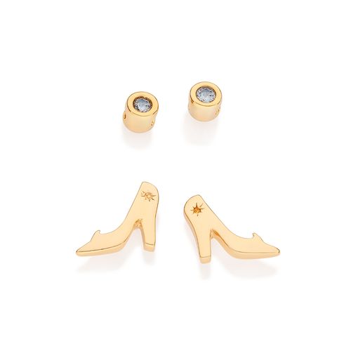 KIT BRINCO SOLITÁRIO E SAPATO CINDERELA BANHADO A OURO 18K COM ZIRCÔNIAS