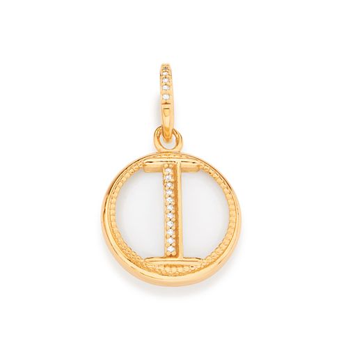 PINGENTE LETRA BANHADO A OURO 18K COM MADRE PÉROLA E ZIRCÔNIAS-LETRA I