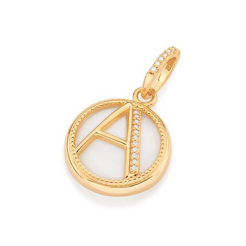 PINGENTE LETRA BANHADO A OURO 18K COM MADRE PÉROLA E ZIRCÔNIAS-LETRA A