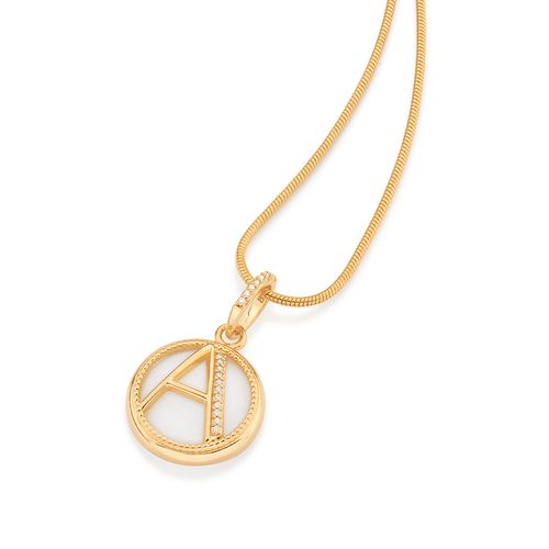 PINGENTE LETRA BANHADO A OURO 18K COM MADRE PÉROLA E ZIRCÔNIAS-LETRA A