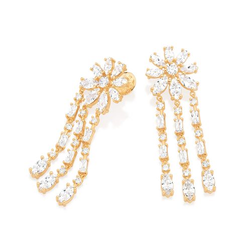 MAXI BRINCO CANDELABRO FLOR BANHADO A OURO 18K COM ZIRCÔNIAS