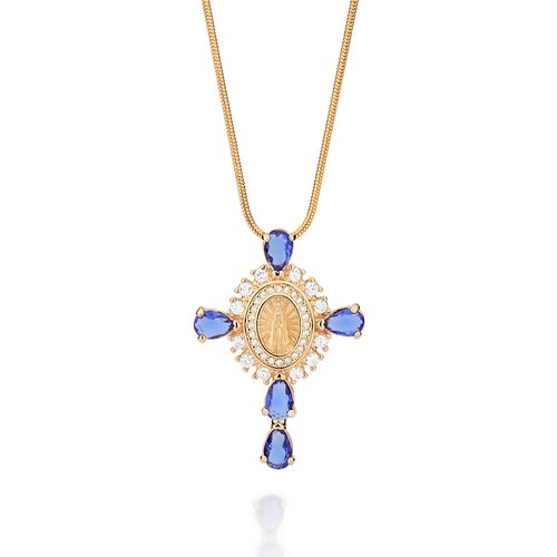 PINGENTE CRUZ COM NOSSA SENHORA APARECIDA BANHADO A OURO 18K COM ZIRCÔNIAS E CRISTAIS