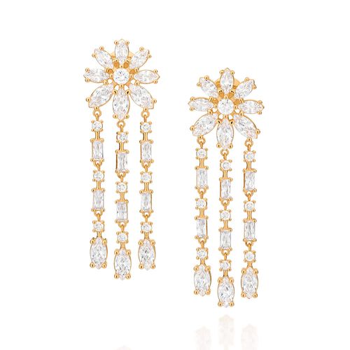 MAXI BRINCO CANDELABRO FLOR BANHADO A OURO 18K COM ZIRCÔNIAS