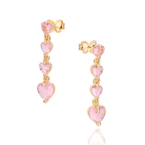 BRINCO PÊNDULO CORAÇÕES BANHADO A OURO 18K COM ZIRCÔNIAS