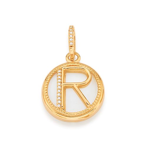 PINGENTE LETRA BANHADO A OURO 18K COM MADRE PÉROLA E ZIRCÔNIAS-LETRA R