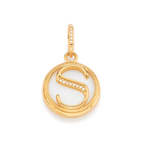 PINGENTE LETRA BANHADO A OURO 18K COM MADRE PÉROLA E ZIRCÔNIAS-LETRA S