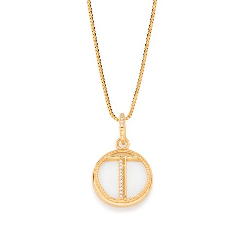 PINGENTE LETRA BANHADO A OURO 18K COM MADRE PÉROLA E ZIRCÔNIAS-LETRA T