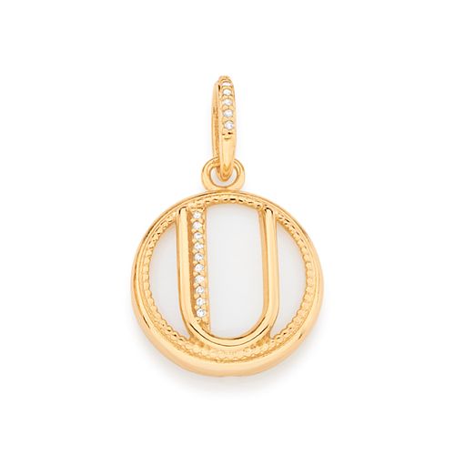 PINGENTE LETRA BANHADO A OURO 18K COM MADRE PÉROLA E ZIRCÔNIAS-LETRA U