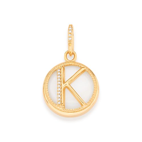 PINGENTE LETRA BANHADO A OURO 18K COM MADRE PÉROLA E ZIRCÔNIAS-LETRA K