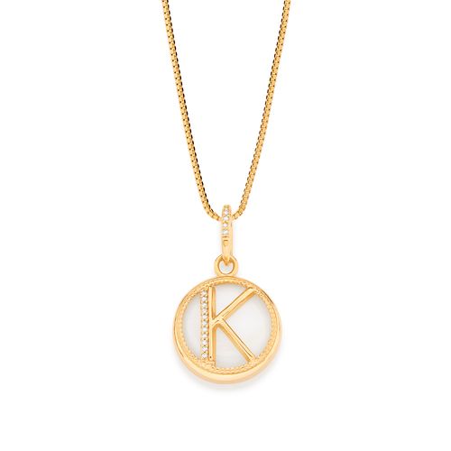PINGENTE LETRA BANHADO A OURO 18K COM MADRE PÉROLA E ZIRCÔNIAS-LETRA K