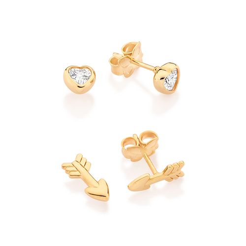 KIT BRINCO FLECHA E SOLITÁRIO CORAÇÃO BANHADO A OURO 18K COM ZIRCÔNIAS