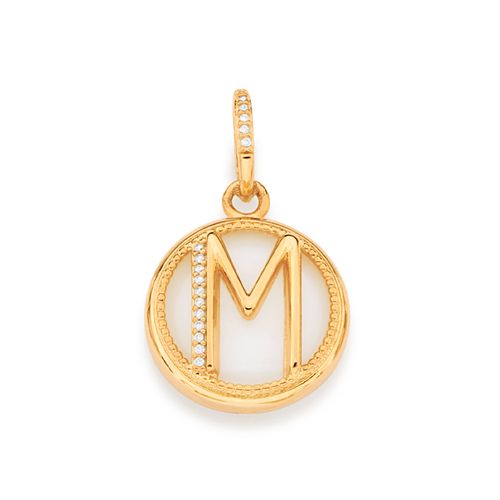 PINGENTE LETRA BANHADO A OURO 18K COM MADRE PÉROLA E ZIRCÔNIAS-LETRA M