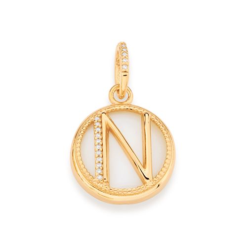 PINGENTE LETRA BANHADO A OURO 18K COM MADRE PÉROLA E ZIRCÔNIAS-LETRA N