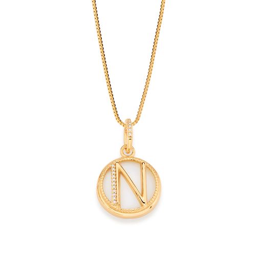 PINGENTE LETRA BANHADO A OURO 18K COM MADRE PÉROLA E ZIRCÔNIAS-LETRA N