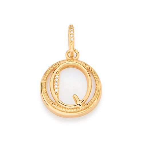 PINGENTE LETRA BANHADO A OURO 18K COM MADRE PÉROLA E ZIRCÔNIAS-LETRA Q