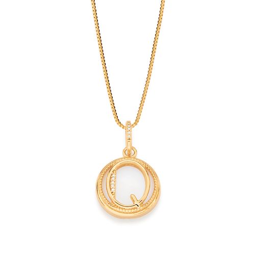 PINGENTE LETRA BANHADO A OURO 18K COM MADRE PÉROLA E ZIRCÔNIAS-LETRA Q