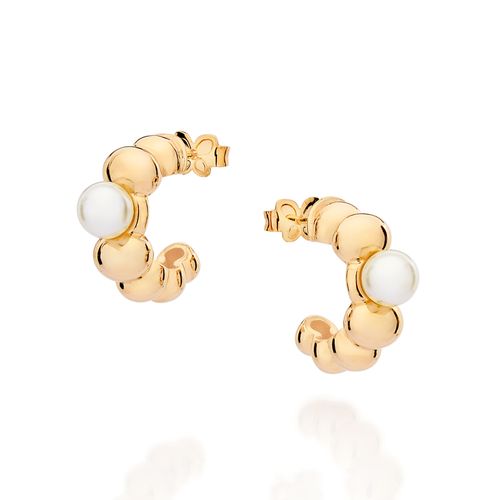 BRINCO MEIA ARGOLA BANHADO A OURO 18K COM PÉROLAS SINTÉTICAS