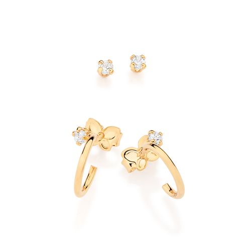 KIT BRINCO MEIA ARGOLA E SOLITÁRIO PONTO DE LUZ BANHADO A OURO 18K COM ZIRCÔNIAS