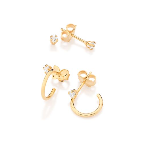 KIT BRINCO MEIA ARGOLA E SOLITÁRIO PONTO DE LUZ BANHADO A OURO 18K COM ZIRCÔNIAS