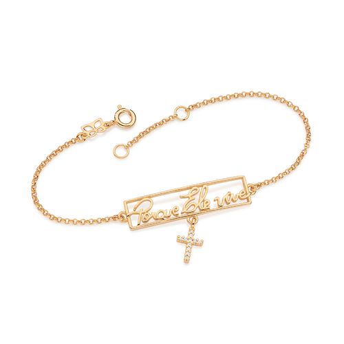 PULSEIRA COM FRASE PORQUE ELE VIVE E CRUZ BANHADA A OURO 18K COM ZIRCÔNIAS