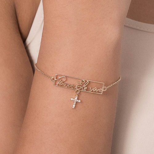 PULSEIRA COM FRASE PORQUE ELE VIVE E CRUZ BANHADA A OURO 18K COM ZIRCÔNIAS