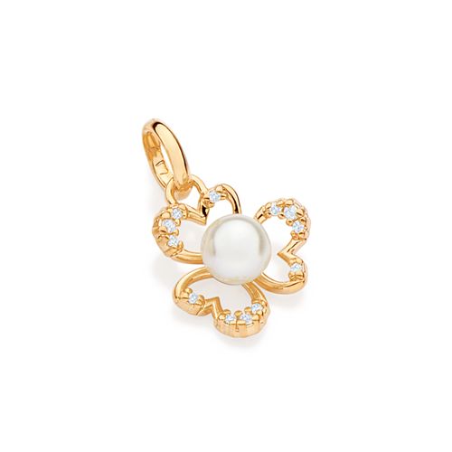 PINGENTE FLOR BANHADO A OURO 18K COM ZIRCÔNIAS E PÉROLA SINTÉTICA
