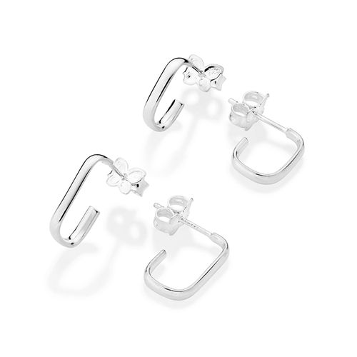 KIT BRINCOS DE ARGOLAS RETANGULARES DE PRATA MACIÇA 925